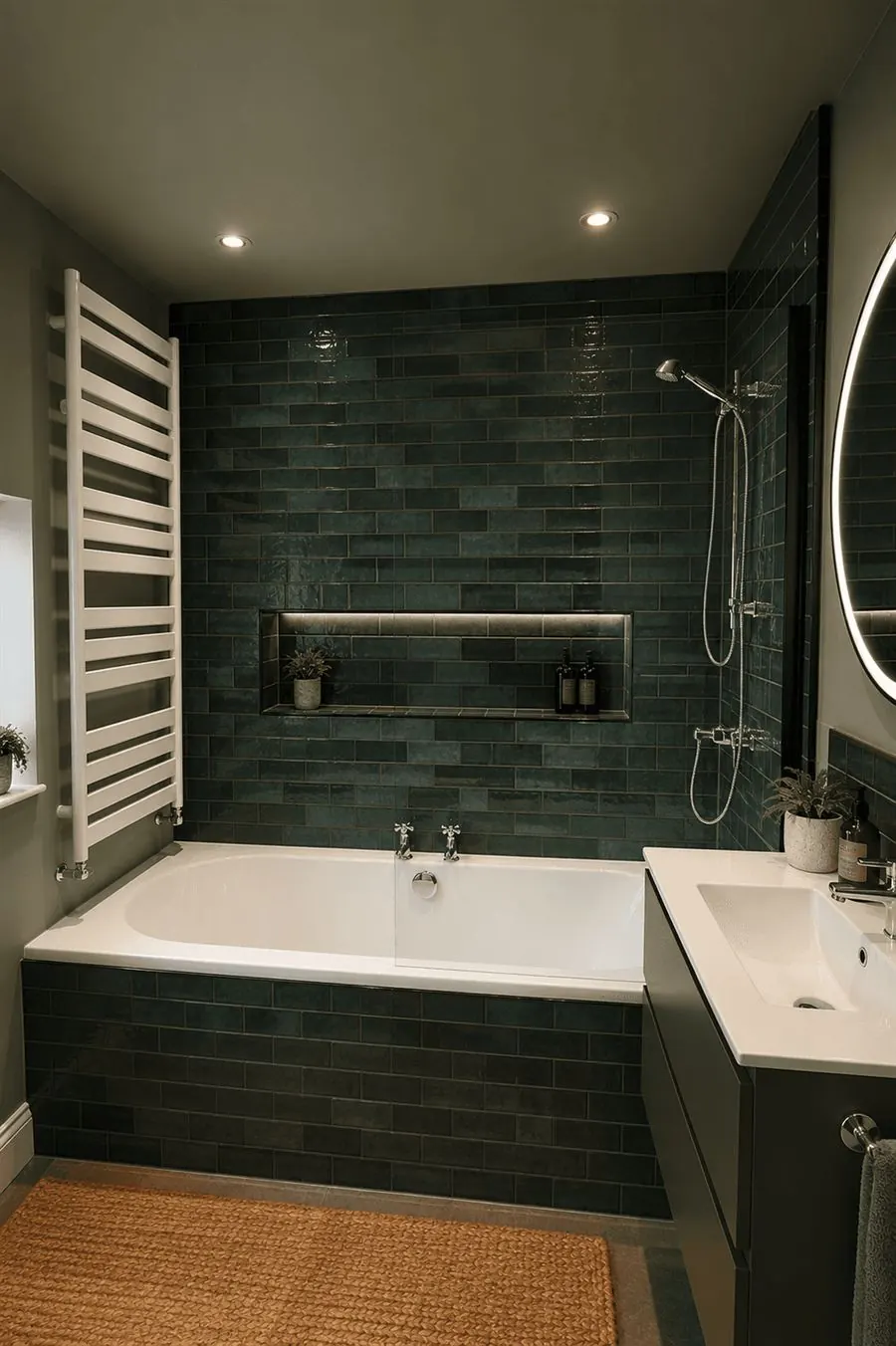 Bathroom with dark green tiles, built-in bath and heated towel rail