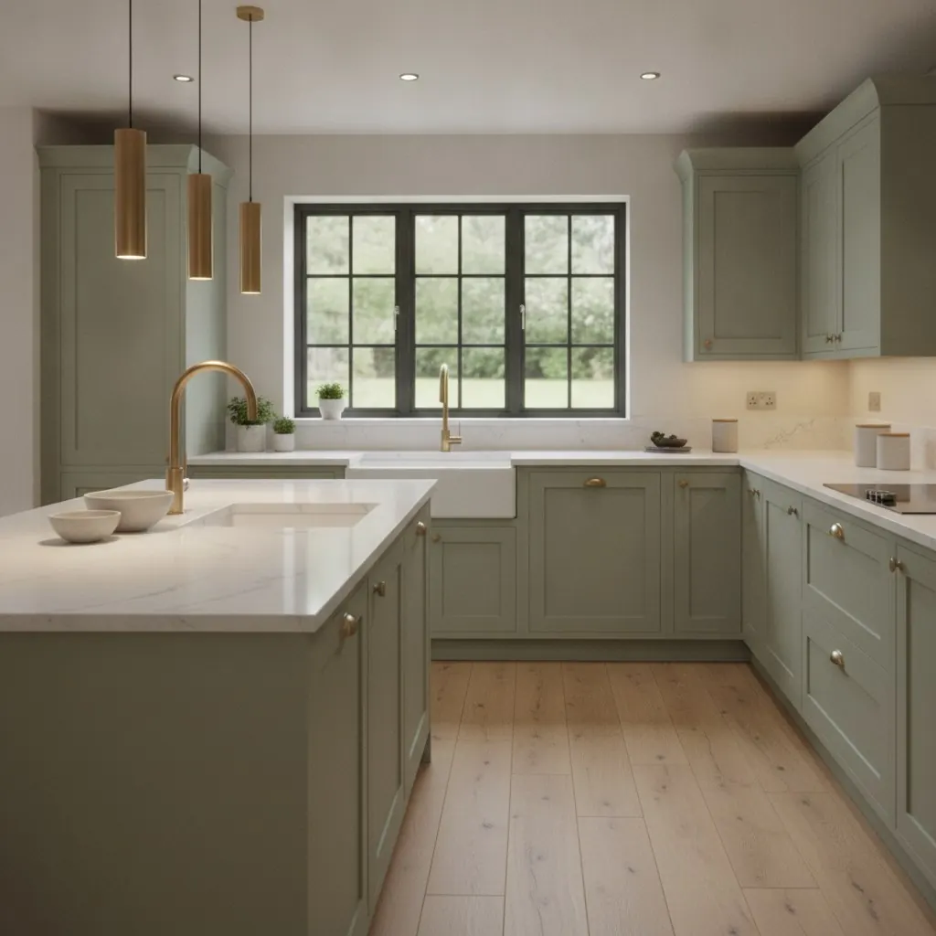 Sage green shaker kitchen with island and pendant lights