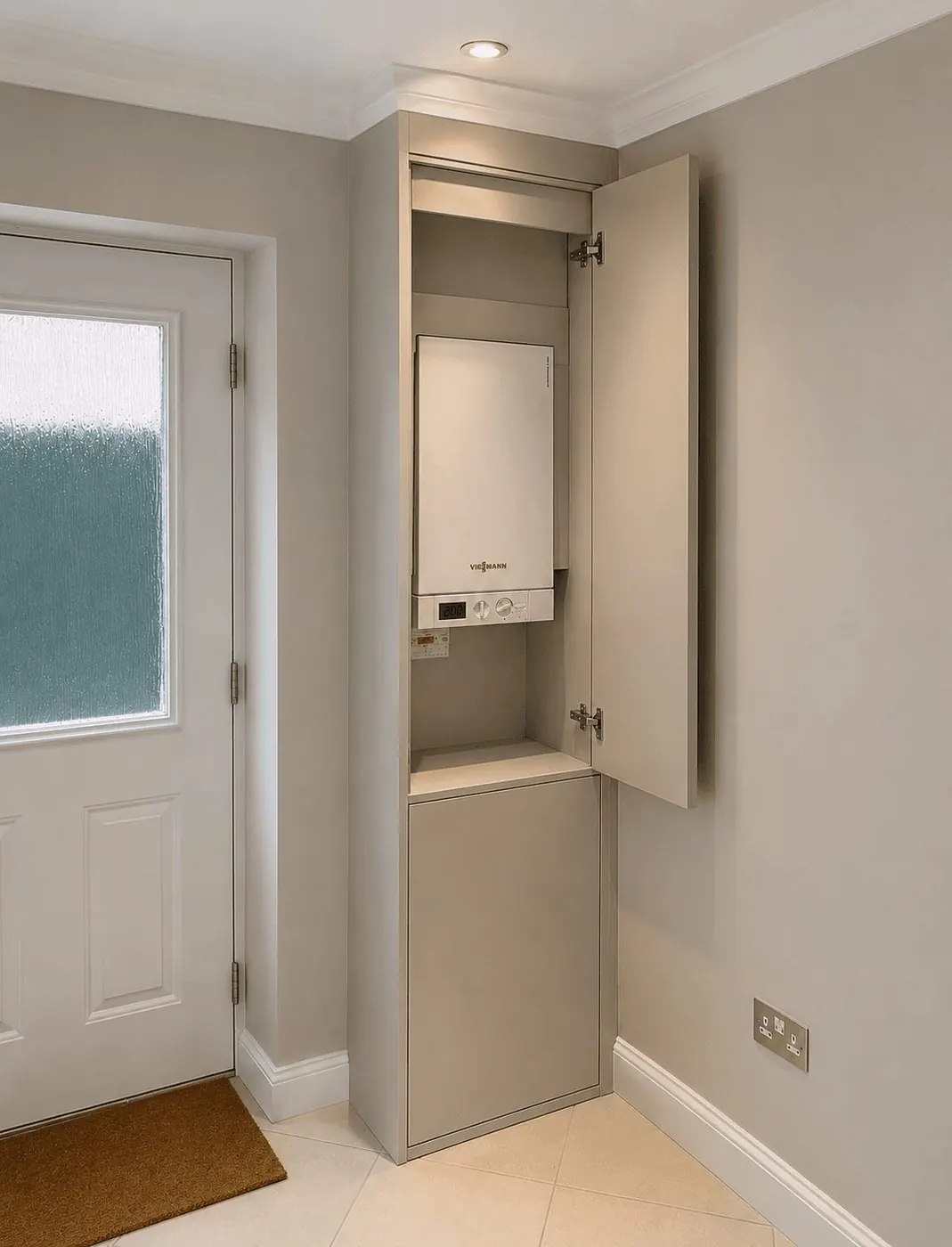 Boiler hidden in a bespoke fitted cupboard